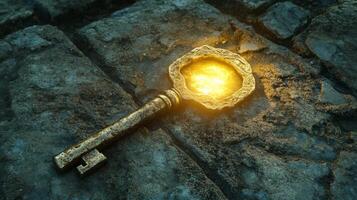 An old key with a glowing light on it photo