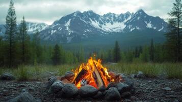 A campfire is lit in front of a mountain range photo