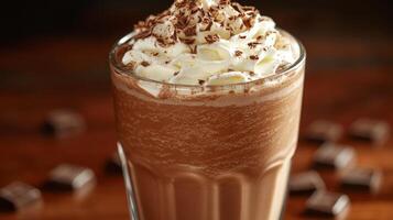 A chocolate milkshake with whipped cream and chocolate chips photo