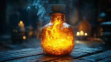 A bottle with fire inside of it on a table photo