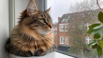 A cat sitting on a window sill looking out the window photo