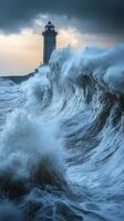 A lighthouse is in the middle of a stormy sea photo