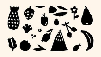 Fruit black and white set apple, banana, orange, pear, grapes, strawberry, watermelon. A collection of fresh and vibrant fruits, drawn in a flat and naive style, inspired by a garden harvest vector