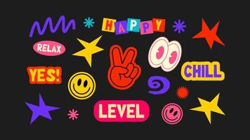 Futuristic Y2K patches, labels, tags, stickers, and bracelet stamps in a retro style. Groovy cartoon stickers with a hipster and grunge 90s vibe vector