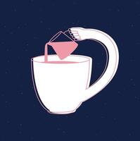 Cup pours milk into itself drawing in cartoon flat line style on blue bg vector