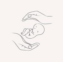Hands holding newborn child label drawing on light background vector