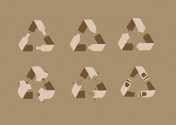 Waste, plastic, clothes recycling symbols drawing with brown on beige background.