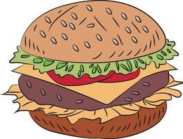 A cheeseburger with lettuce, tomato, and cheese in a sesame seed bun vector