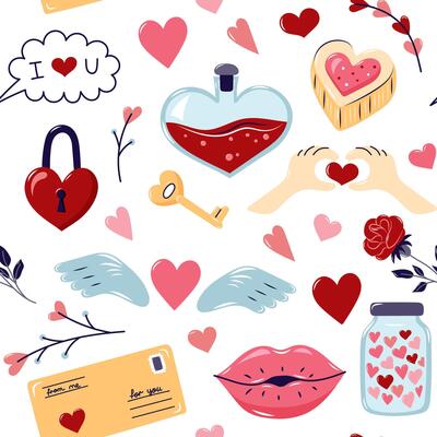 Valentine's Day Seamless pattern with different elements. Cute background for textiles and packaging. On white background. illustration.