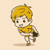 Boy rugby player holding a rugby ball in running pose, chibi character in retro colors vector