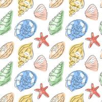 Seamless pattern with colorful seashell, starfish in flat style. Ideal for summer, beach, travel and sea food restaurant design. Illustration on white background. vector
