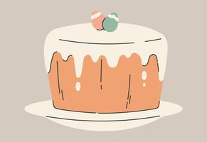 Flat isolated illustration of traditional Easter cake with white icing and decorative eggs on top. Simple design and warm pastel colors create a festive and cozy holiday atmosphere. vector