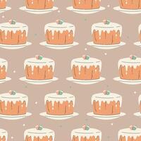 Flat traditional Easter cake with white icing and decorative eggs on top. seamless pattern. Simple design and warm pastel colors create a festive and cozy holiday atmosphere. vector