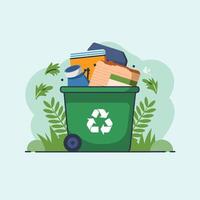 a green trash can with various items in it vector