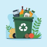 garbage can with recycling items and plants vector