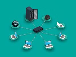 3D computer Network diagram. Realistic cloud computing big data. Server Rack. vector