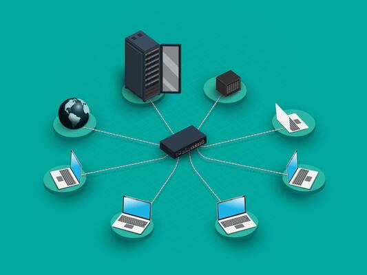 3D computer Network diagram. Realistic cloud computing big data. Server Rack.