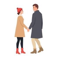 Couple dressed in warm winter attire holds hands while walking together, enjoying the cold weather. vector
