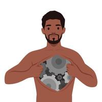 Cyborg Identity. Man pulling open his chest to reveal mechanical gears inside, Fusion of machine. vector