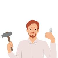 DIY Accident. Man holding hammer and showing a bandaged thumb, injury from working with tools. vector