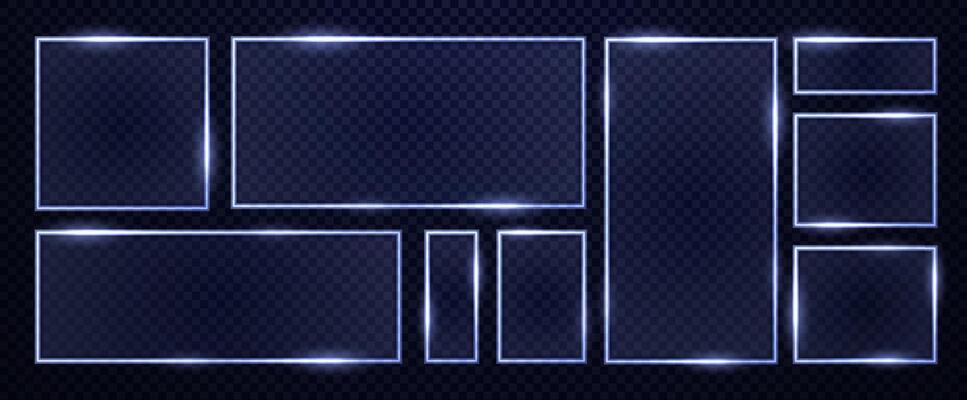 Collection of futuristic neon tech glass frames square shape.