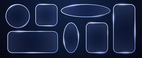 Collection of glass futuristic transparent frames with glowing blue neon edges. Geometric figures of oval, rectangle and circle shape with translucent effect. vector