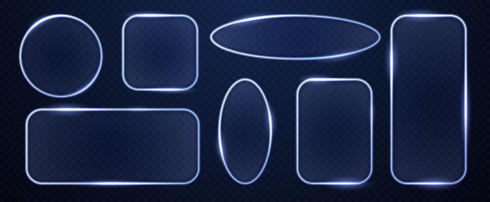 Collection of glass futuristic transparent frames with glowing blue neon edges. Geometric figures of oval, rectangle and circle shape with translucent effect.