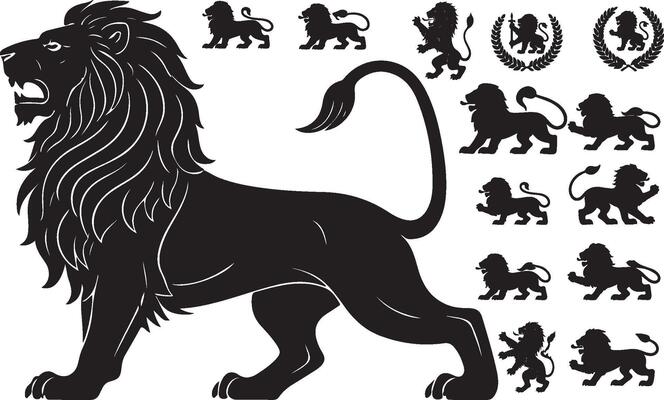 Lion set of silhouettes with different designs