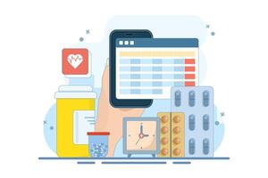 Medication calendar concept with daily pill reminder, organized healthcare routine, health medical schedule planning, prescription management and medication reminder. Flat design illustration. vector