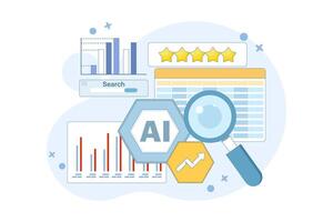 AI Competitor Analysis Concept for SEO. Use AI tools to analyze competitor SEO strategies and identify opportunities. Outline of AI analysis comparing SEO metrics. Illustration. vector
