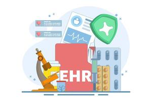 EHR - Electronic Medical Record or Concept of patient health information stored electronically. Digital medical record with diagnostic history files. Database technology. vector