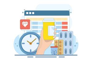 Medication calendar concept with daily pill reminder, organized healthcare routine, medical schedule planning, health tracking, prescription management, and medication-based alerts. Flat illustration. vector