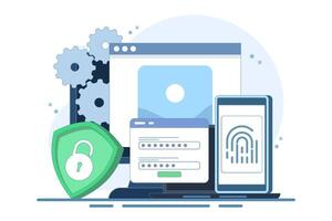 Flat general data security concept, personal information protection, database access control, cyber privacy, synchronized gadgets, cross-platform device regulation. Minimalist illustration. vector