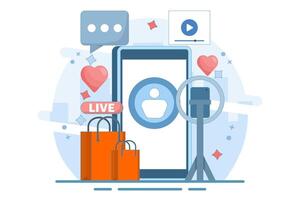 live broadcast host concept. marketing and promotion. explaining product information and interacting with viewers. live streaming and offering products. minimalist flat design illustration. vector