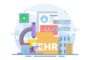 EHR - Electronic Medical Record or Concept of patient health information stored electronically. Digital medical record with diagnostic history files. Database technology. Design illustration. vector