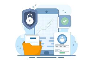 Mobile device security concept with password. Flat developer prepares security system to protect user account data and master password. minimal illustration design on background. vector