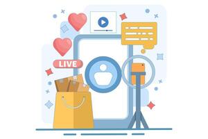 live broadcast host concept. marketing and promotion. explaining product information and interacting with viewers. live streaming and offering products. flat design illustration. vector