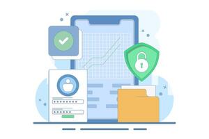 Mobile device security concept with password. Flat developer prepares security system to protect user account data and master password. Minimal illustration design style on background. vector