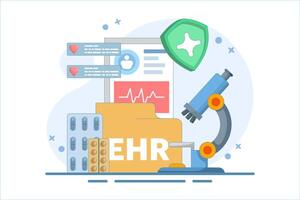 EHR - Electronic Medical Record or Concept of patient health information stored electronically. Digital medical record with diagnostic history files. Database technology. Flat illustration. vector