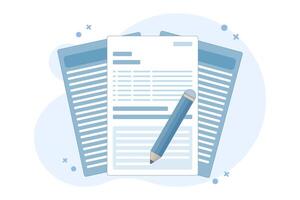 Concept Review of educational textbooks on creative writing and storytelling. Concept of storytelling, creative writing, pencil and paper, copywriting, flat illustration on background. vector
