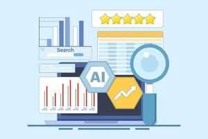 AI Competitor Analysis Concept for SEO. Use AI tools to analyze competitor SEO strategies and identify opportunities. Outline of AI analysis comparing SEO metrics. Design illustration. vector