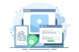 Flat general data security concept, personal information protection, database access control, cyber privacy, synchronized gadgets, cross-platform device regulation. Minimalist design illustration. vector