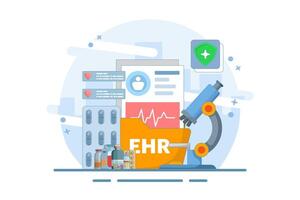 EHR - Electronic Medical Record or Concept of patient health information stored electronically. Digital medical record with diagnostic history files. Database technology. Illustration. vector