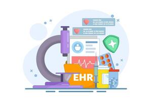 EHR - Electronic Medical Record or Concept of patient health information stored electronically. Digital medical record with diagnostic history files. Database technology. Flat design illustration. vector