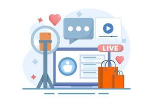 live broadcast host concept. marketing and promotion. explaining product information and interacting with viewers. live streaming and offering products. flat illustration on background. vector