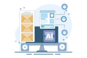 Email automation concept, AI based email campaign, Businesses use email automation to schedule and trigger customer messages to audiences. Flat design illustration on background. vector