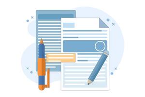 Concept Review of educational textbooks on creative writing and storytelling. Concept of storytelling, creative writing, pencil and paper, copywriting, flat mimalis design illustration on background. vector