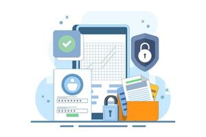 Mobile device security concept with password. Flat developer prepares security system to protect user account data and master password. Minimal illustration outline design style. vector