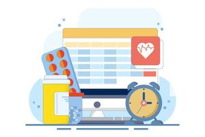 Medication calendar concept with daily pill reminder, organized healthcare routine, health medical schedule planning, prescription management and medication reminder. Minimalist design illustration. vector