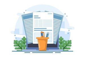 Concept Review of educational textbooks on creative writing and storytelling. Concept of storytelling, creative writing, pencil and paper, copywriting, flat design illustration on background. vector